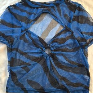 Blue and black striped mesh top